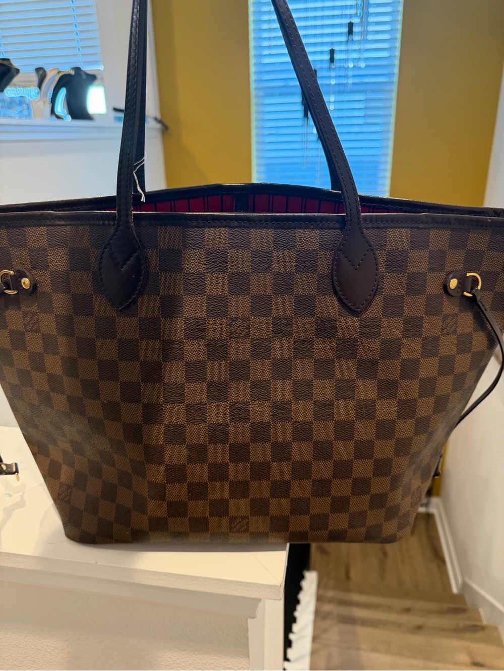 Louis Vuitton Neverfull MM Damier Ebene Tote with Red Interior